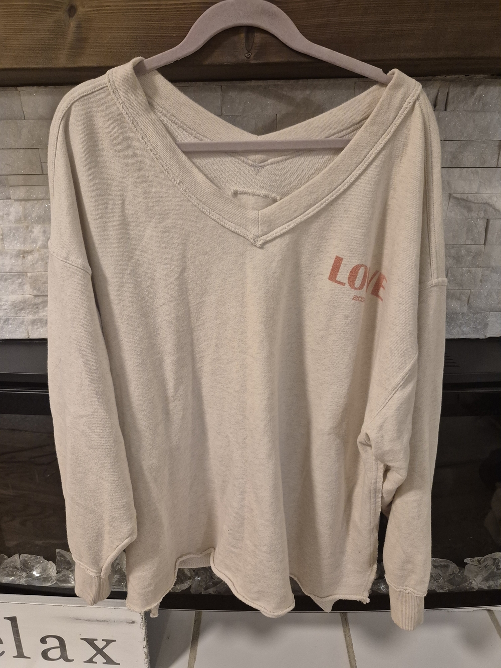 aerie Cream V-Neck 'LOVE' Pullover Sweatshirt